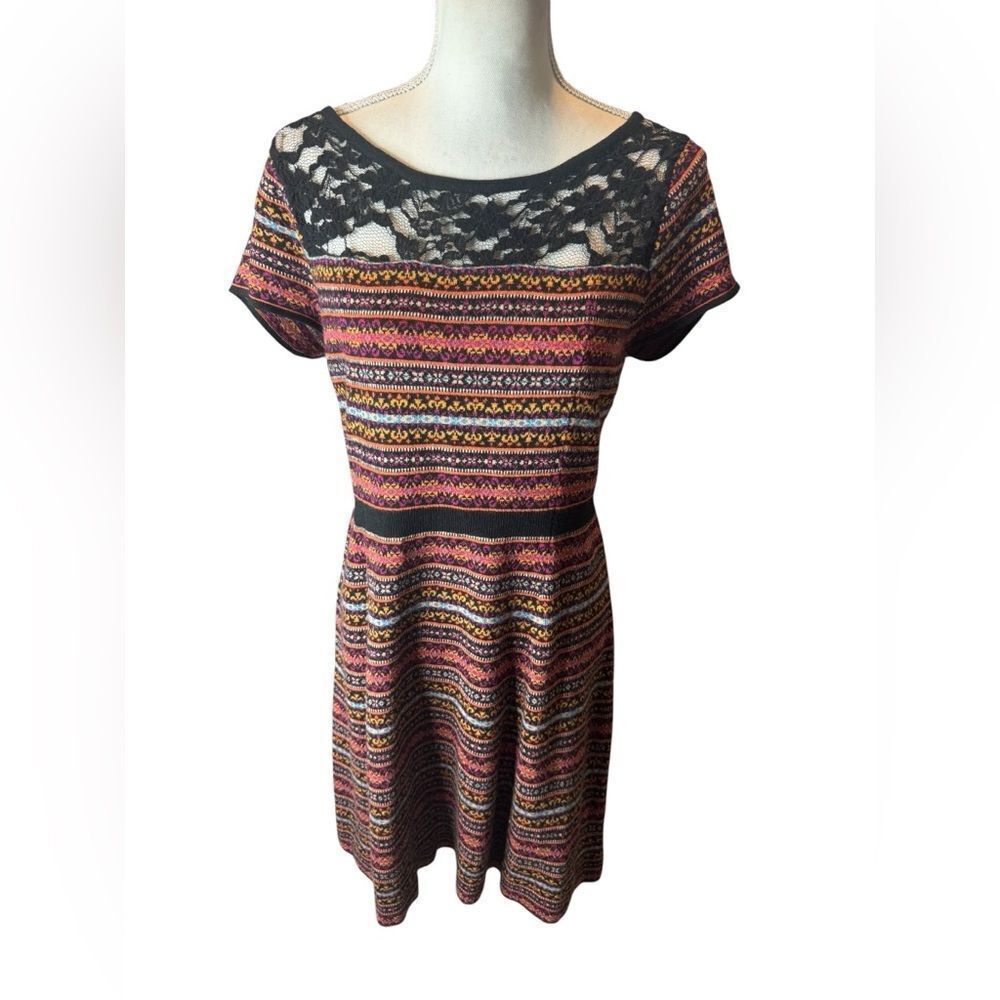 ANTHROPOLOGIE SPARROW Fair Isle Striped Floral Lace  Sweater Knit Dress L